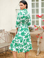 Lapel strap high waist mid length green floral dress Sai Feel