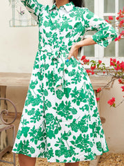 Lapel strap high waist mid length green floral dress Sai Feel