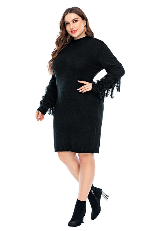 Large Size Black Dress with Tassels Loose Long Knit Sweater Sai Feel