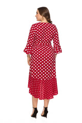 Large Size V-neck Lace Ruffled Polka Dot Dress Sai Feel
