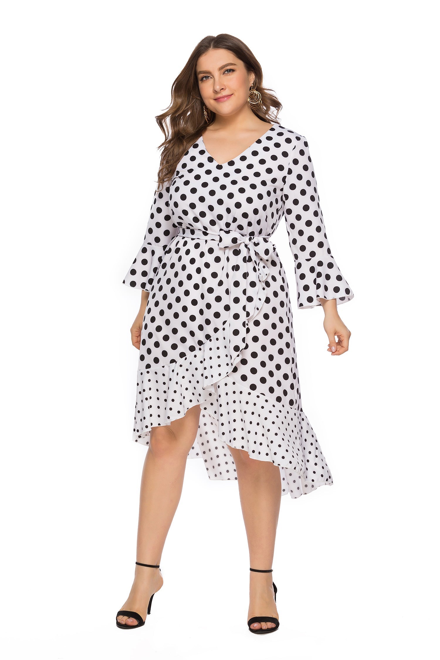 Large Size V-neck Lace Ruffled Polka Dot Dress Sai Feel