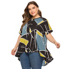 Large Size Women's Loose Geometric Print Short Sleeves T-shirt Sai Feel