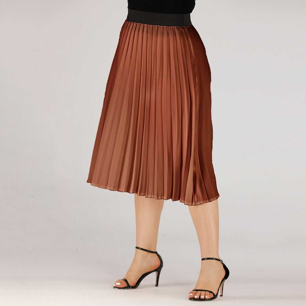 Large Size Women's Pleated Solid Color Mid-length Skirt Sai Feel
