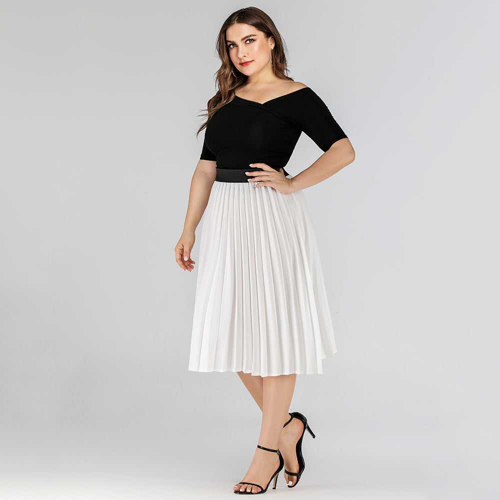 Large Size Women's Pleated Solid Color Mid-length Skirt Sai Feel