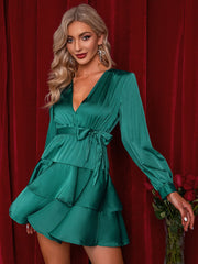 Layered Hem Belted Satin Dress Sai Feel