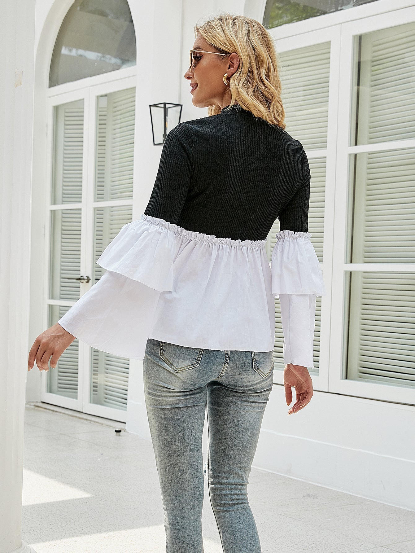 Layered Sleeve Frill Detail Mixed Media Top Sai Feel