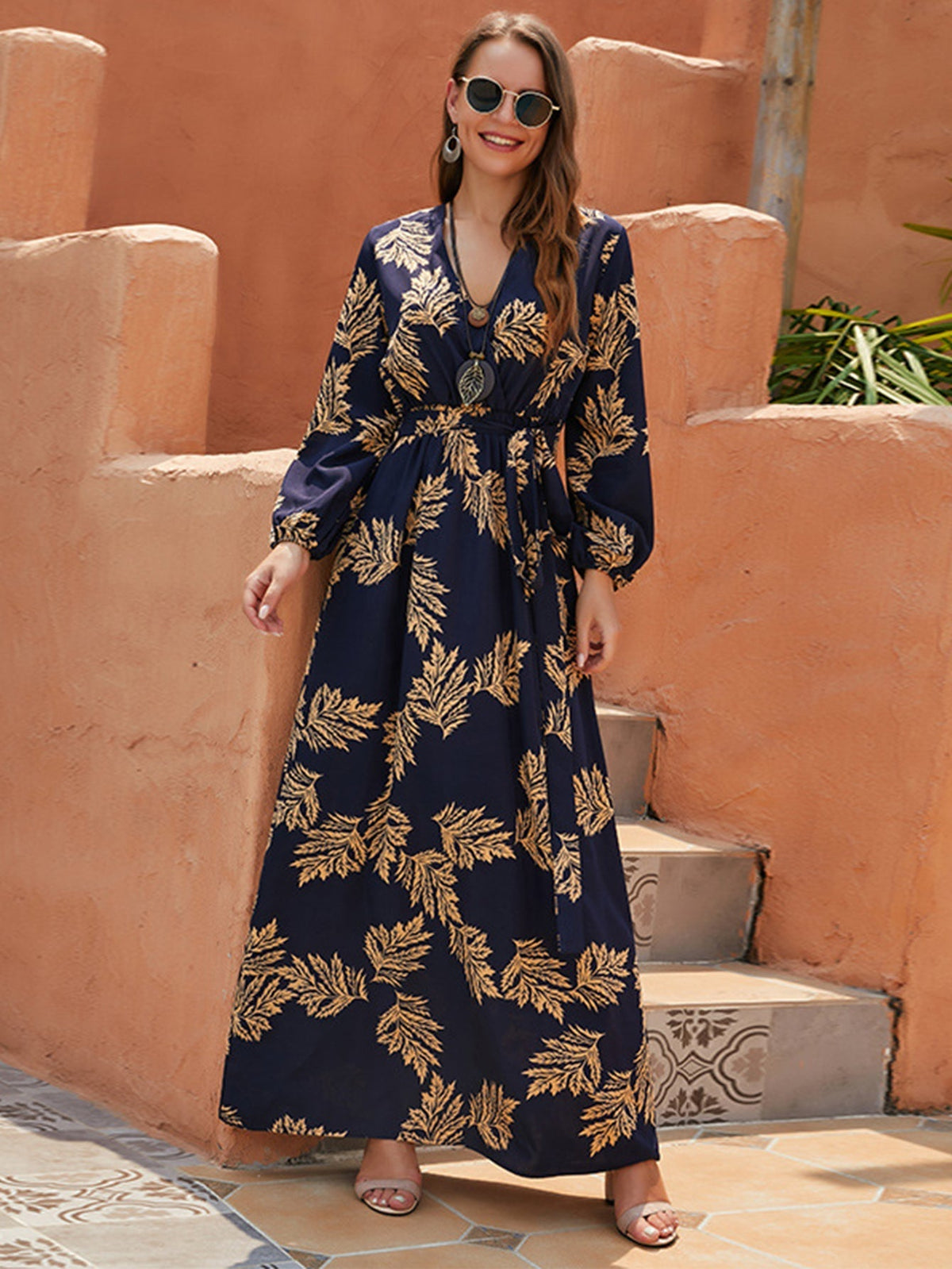 Leaf Print Elastic Waist Maxi Dress Sai Feel