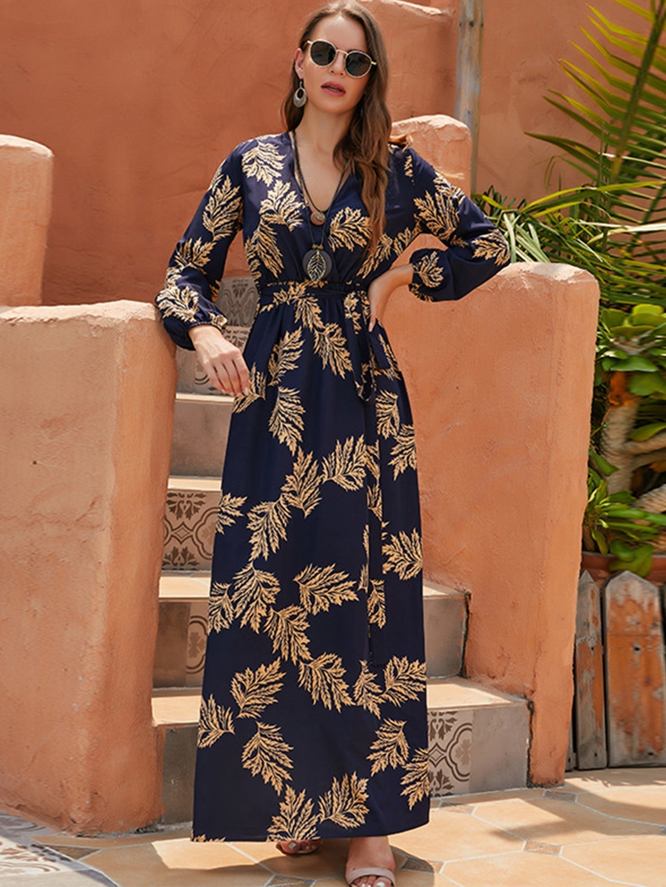 Leaf Print Elastic Waist Maxi Dress Sai Feel