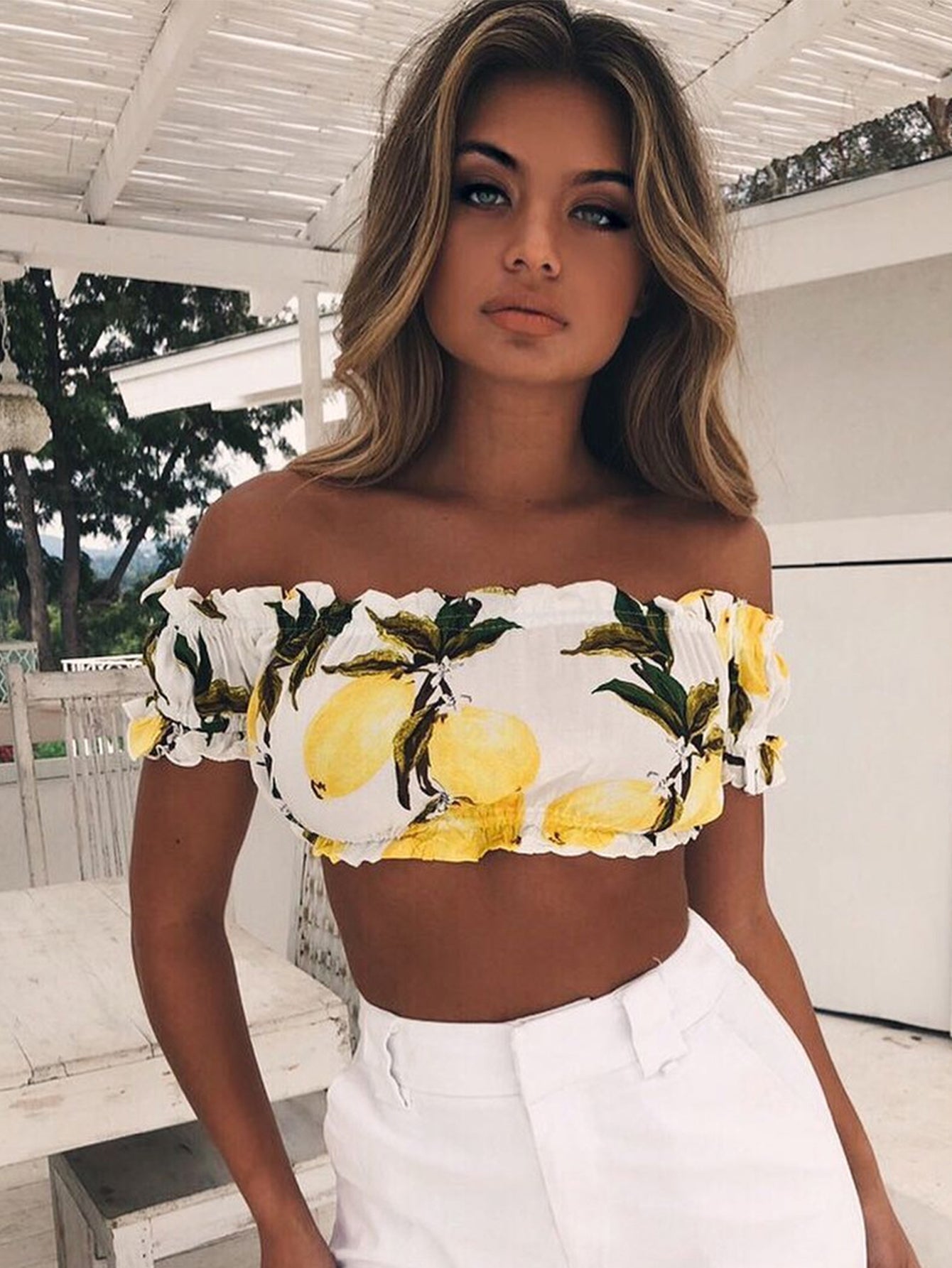 Lemon Print Off Shoulder Crop Top Sai Feel