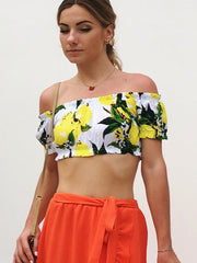 Lemon Print Off Shoulder Crop Top Sai Feel