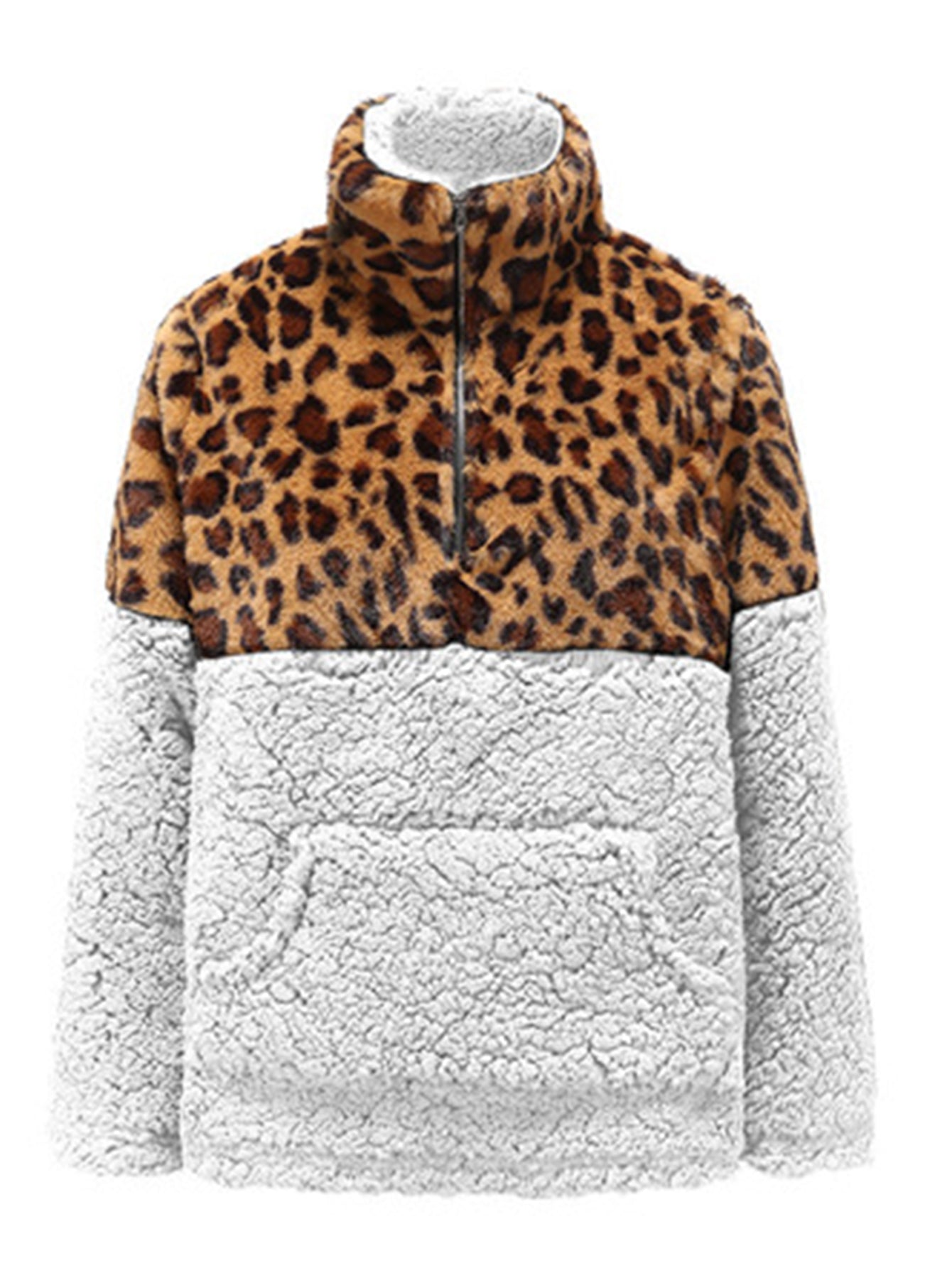 Leopard Block Kangaroo Pocket Teddy Pullover Sai Feel