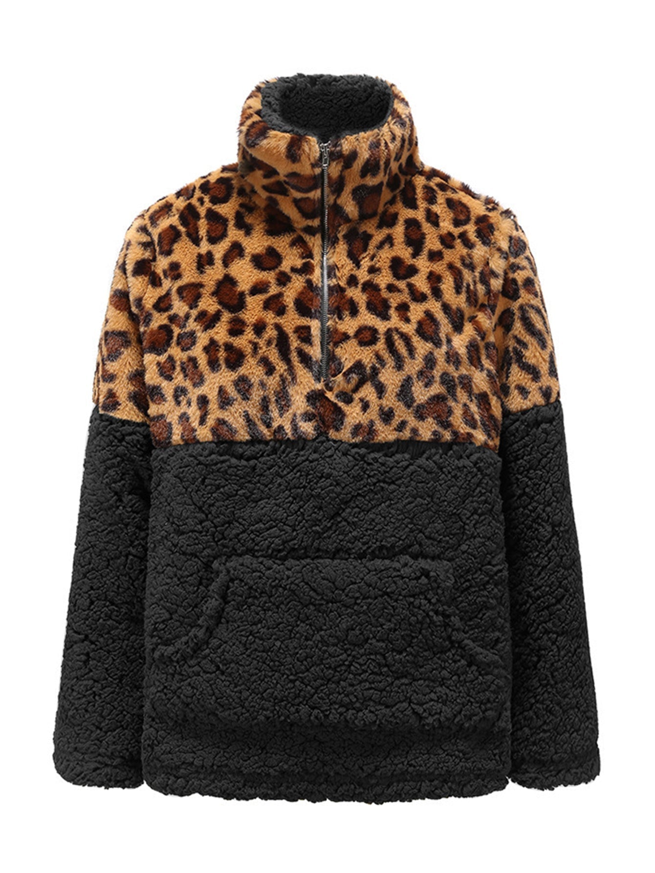 Leopard Block Kangaroo Pocket Teddy Pullover Sai Feel