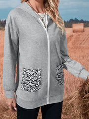 Leopard Block Zip Up Sweatshirt with Hoodie Sai Feel