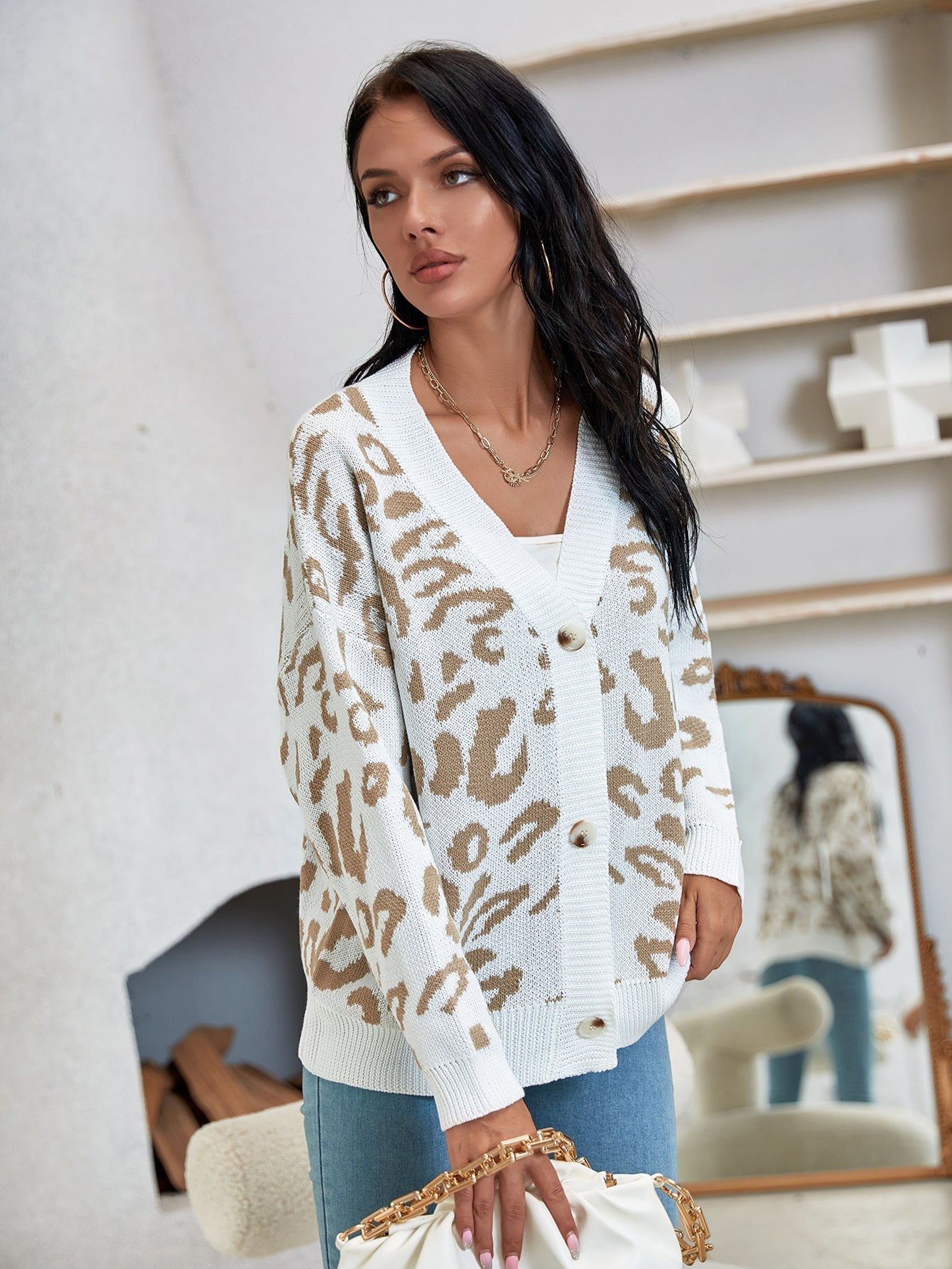 Leopard Jacquard Button Front Cardigan Sai Feel