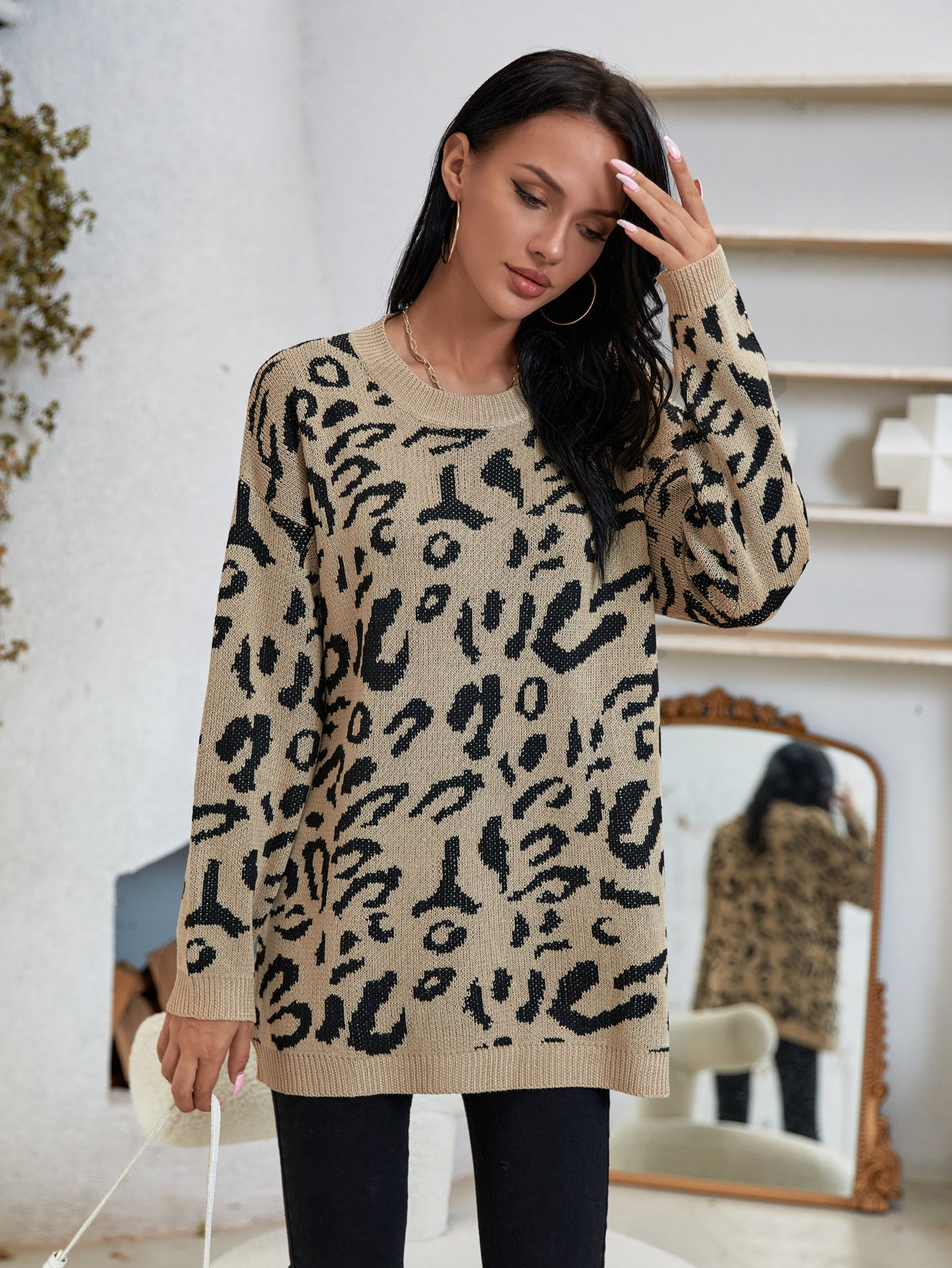 Leopard Jacquard Drop Shoulder Sweater Pullover Sai Feel