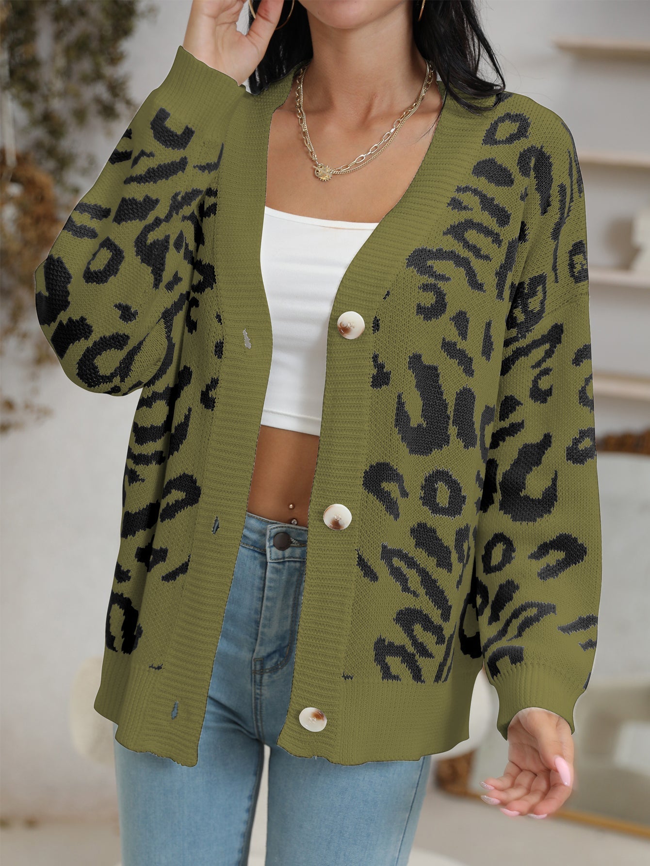 Leopard Jacquard Sweater Cardigan Sai Feel