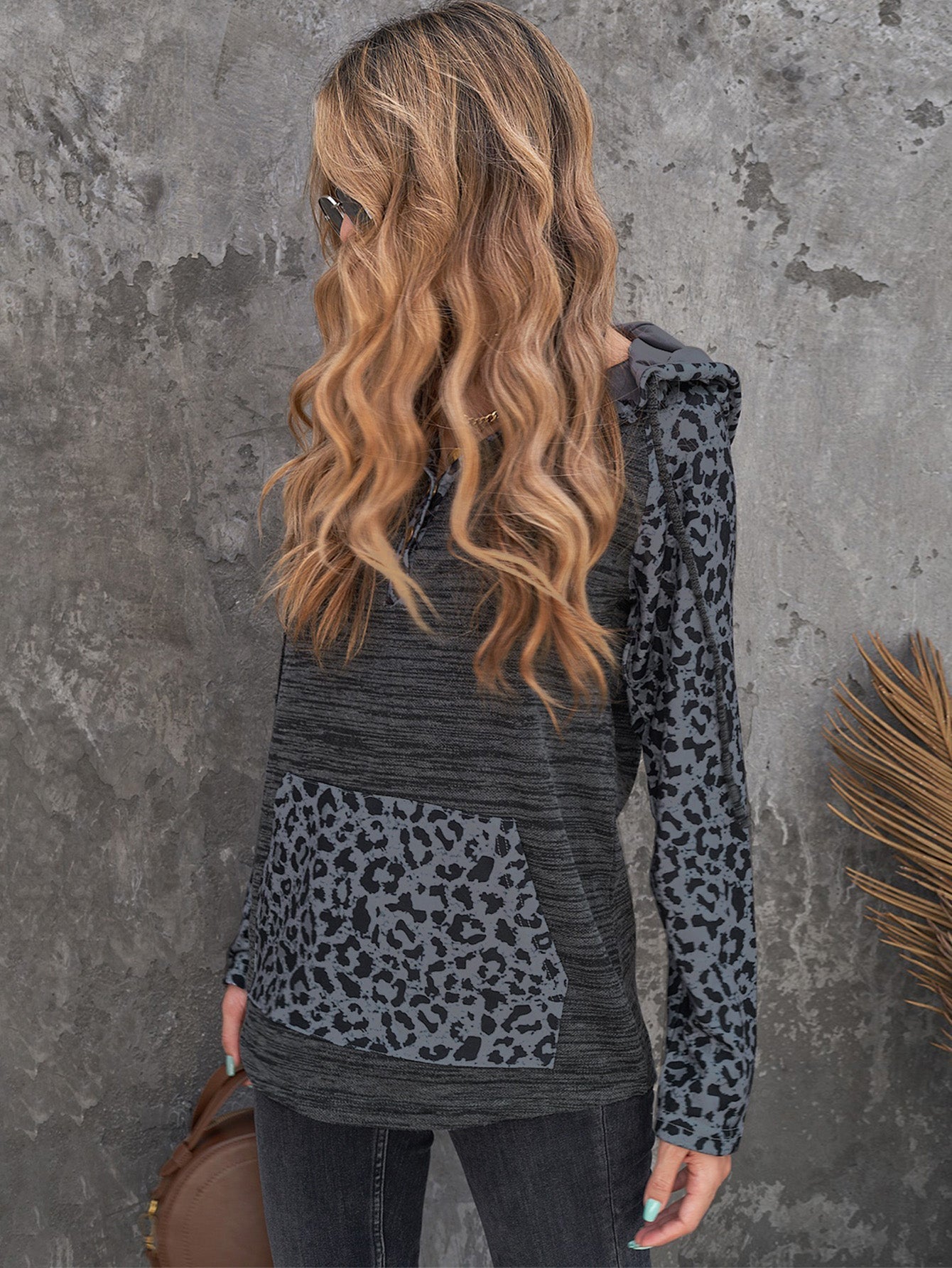 Leopard Long Sleeves  Button Drawstring Hoodies Pullover Sweatshirts Sai Feel