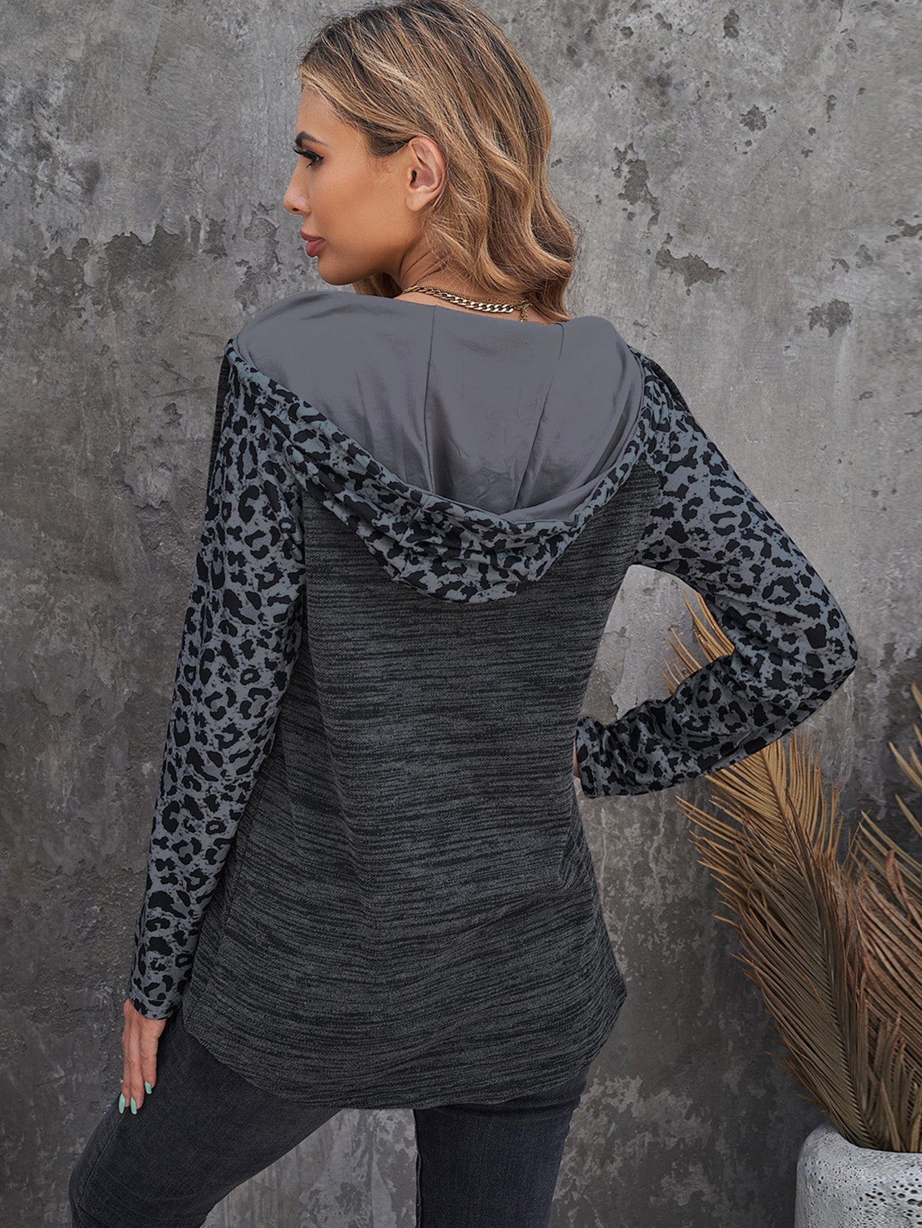 Leopard Long Sleeves  Button Drawstring Hoodies Pullover Sweatshirts Sai Feel