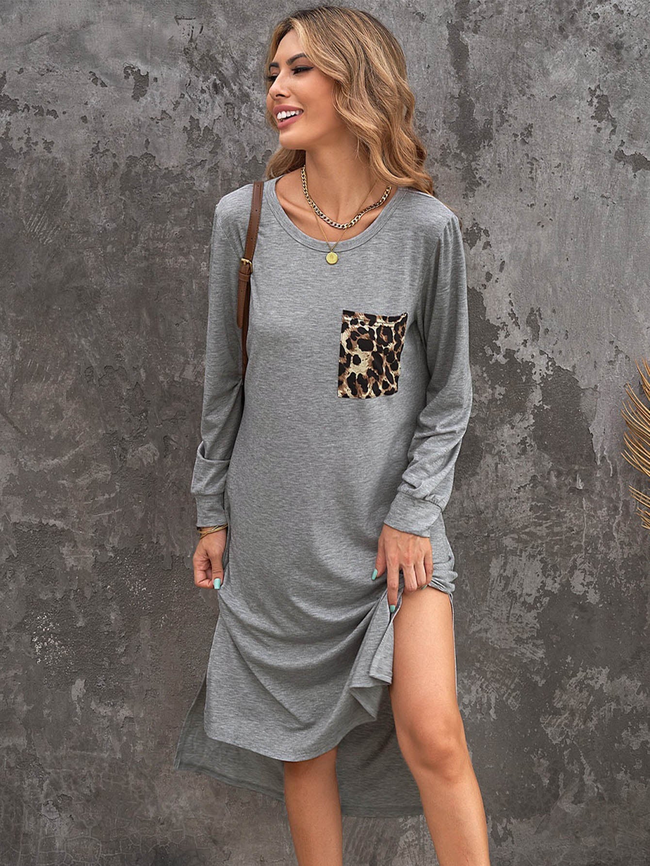 Leopard Patch Side Split Long Sleeve Midi Dress Sai Feel