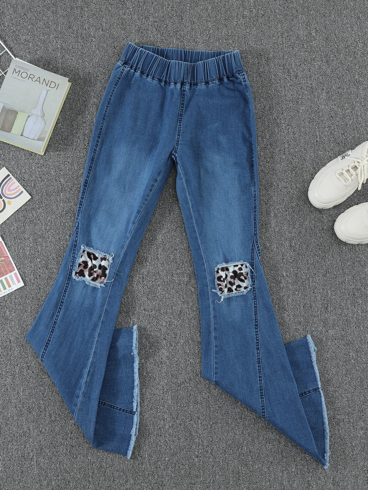 Leopard Patchwork Bell Bottom Jeans With Frayed Hem Sai Feel