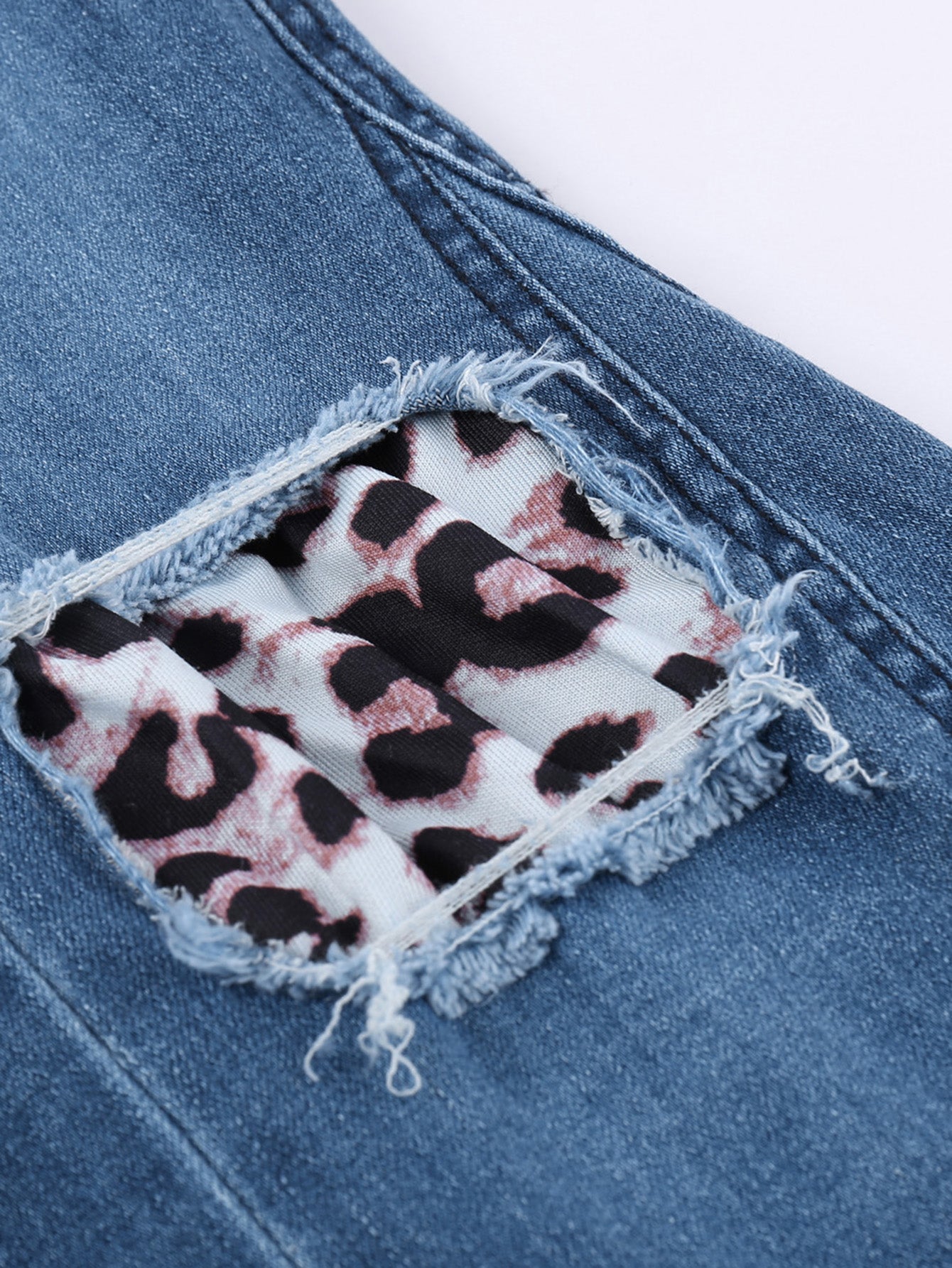 Leopard Patchwork Bell Bottom Jeans With Frayed Hem Sai Feel