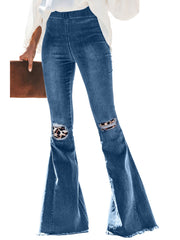 Leopard Patchwork Bell Bottom Jeans With Frayed Hem Sai Feel