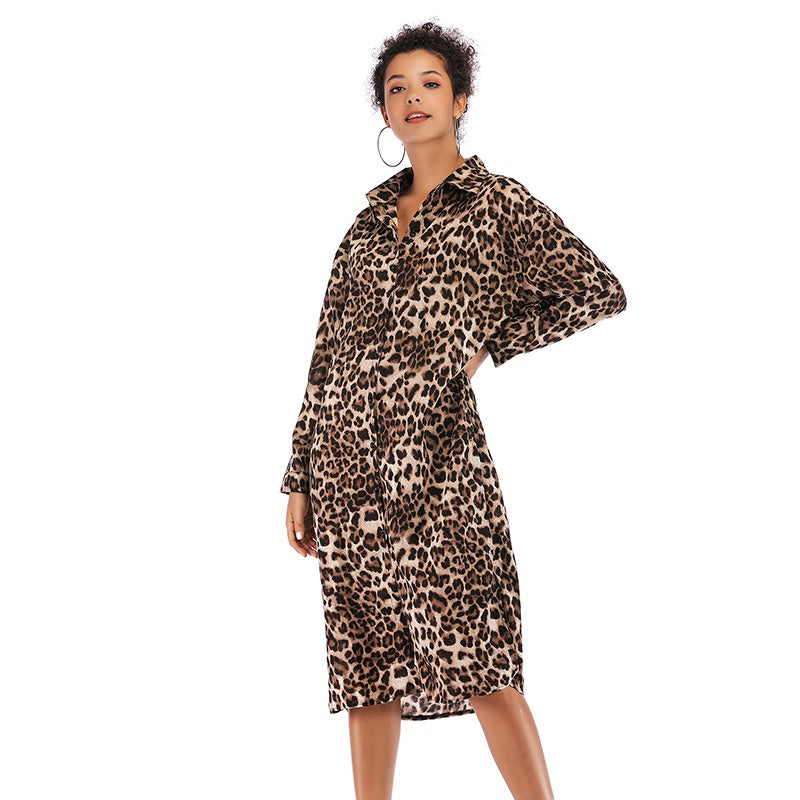 Leopard Pattern Loose Shirt Dress Women Long Sleeve Spring Autumn Dress Mid-calf Boho Dress Sai Feel