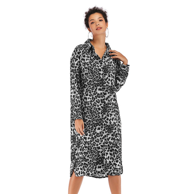 Leopard Pattern Loose Shirt Dress Women Long Sleeve Spring Autumn Dress Mid-calf Boho Dress Sai Feel