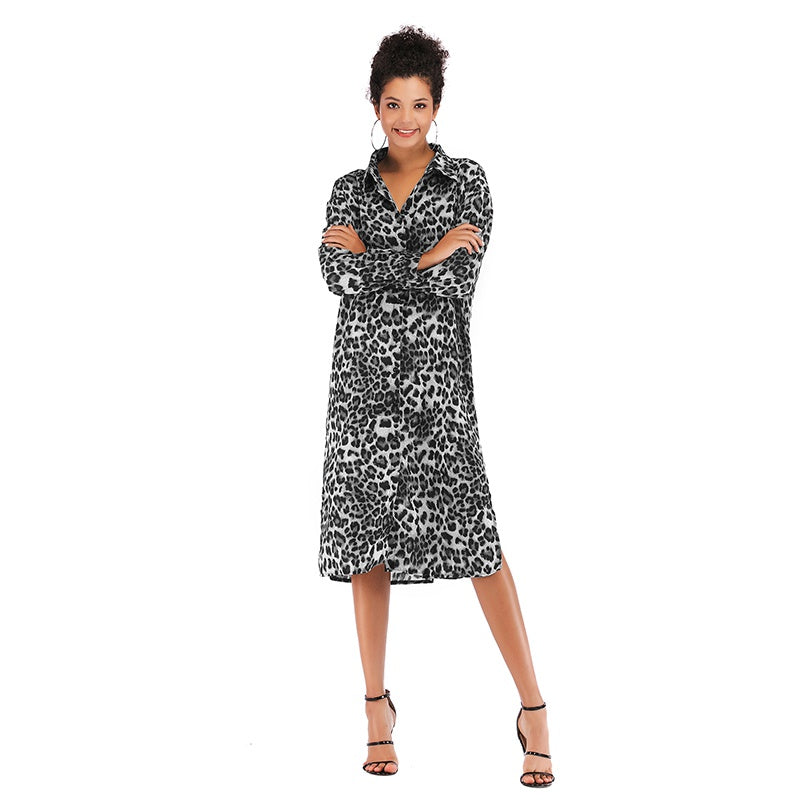 Leopard Pattern Loose Shirt Dress Women Long Sleeve Spring Autumn Dress Mid-calf Boho Dress Sai Feel