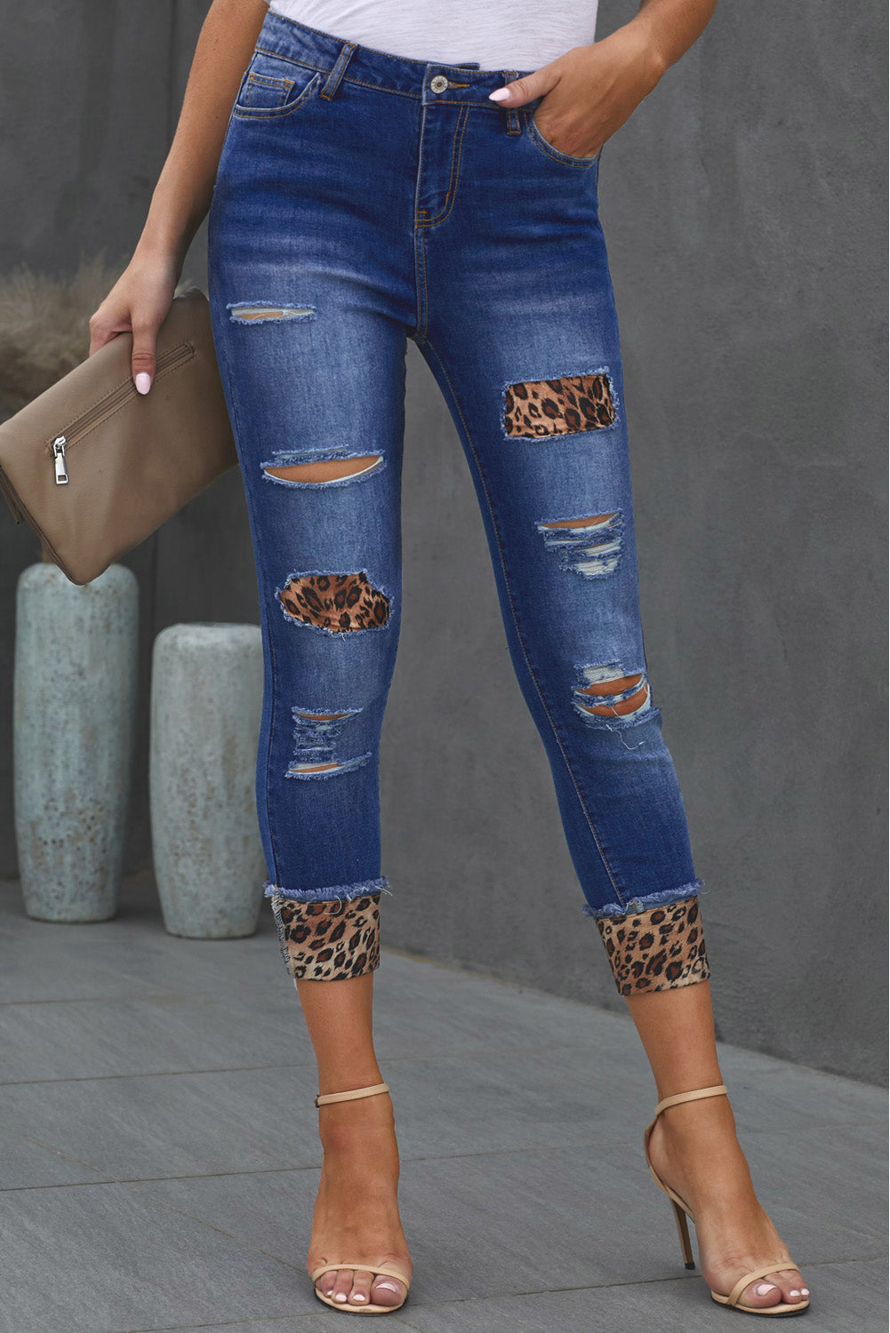 Leopard Pattern Print Ripped Jeans Skinny Leg High Waist Denim Pants with Pockets TURE TO SIZE Sai Feel