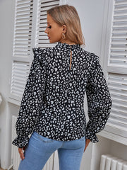 Leopard Pattern Stand-up collar Puff sleeve Blouse Sai Feel