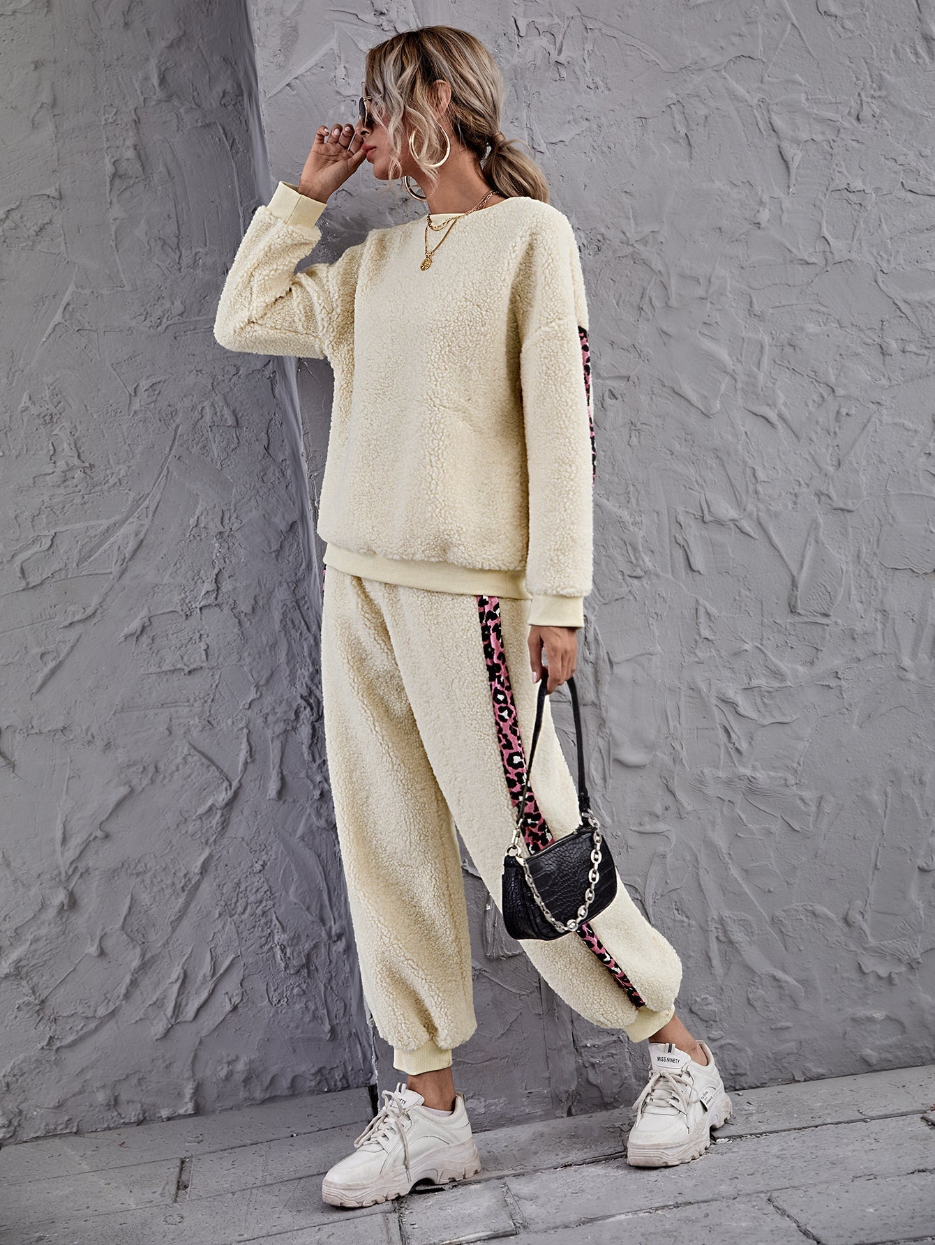 Leopard Print Colorblock Teddy Pullover & Sweatpants Sai Feel