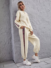 Leopard Print Colorblock Teddy Pullover & Sweatpants Sai Feel