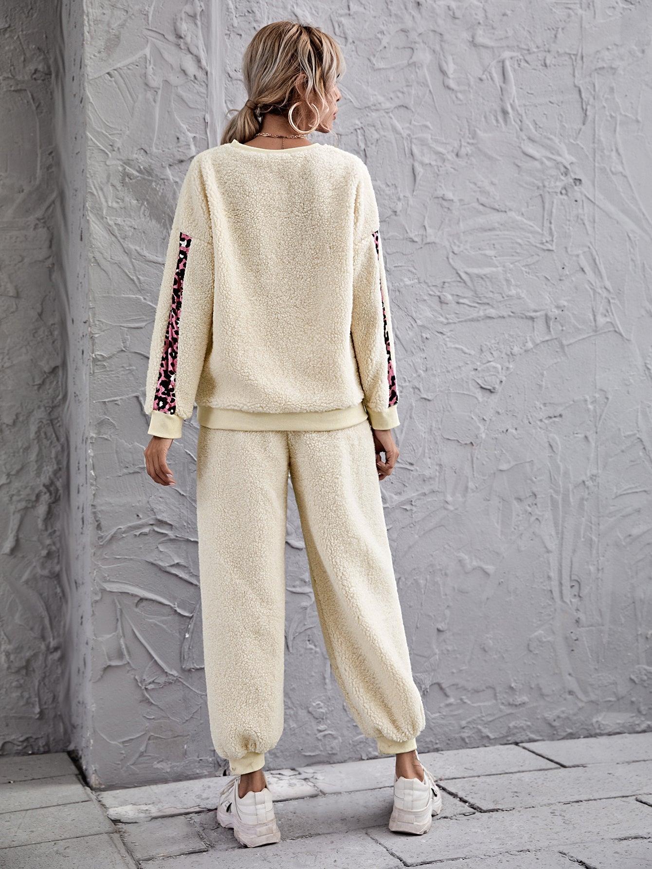 Leopard Print Colorblock Teddy Pullover & Sweatpants Sai Feel