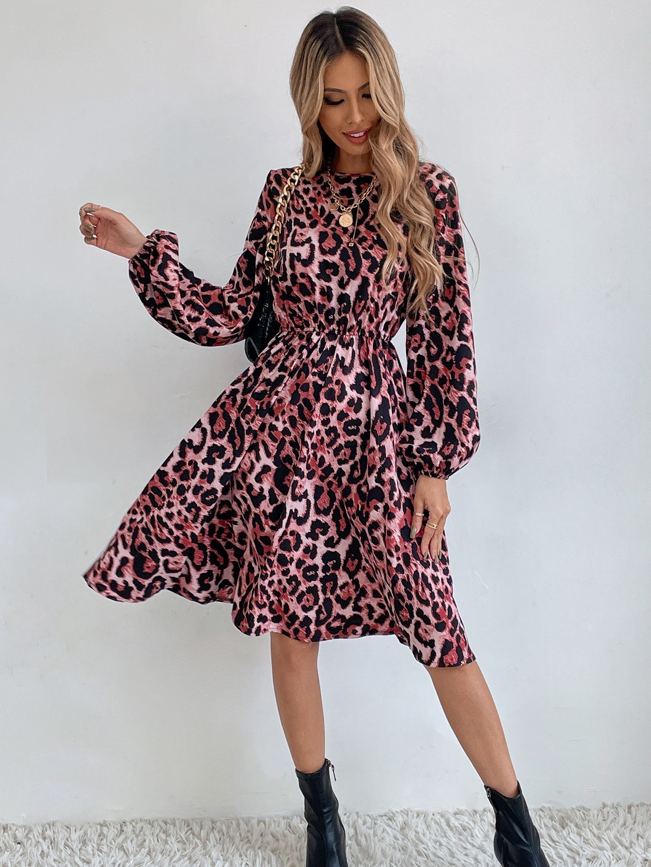Leopard Print Elastic Waist Dress Sai Feel