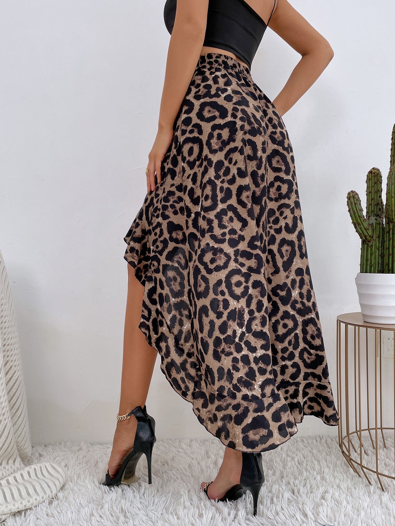 Leopard Print Irregular Ruffle Skirt Sai Feel