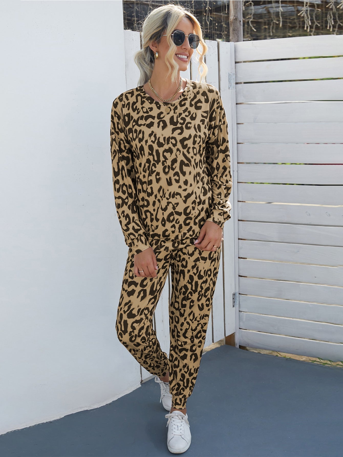 Leopard Print Long Sleeve Top and Drawstring Pants Set Sai Feel