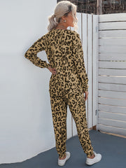 Leopard Print Long Sleeve Top and Drawstring Pants Set Sai Feel