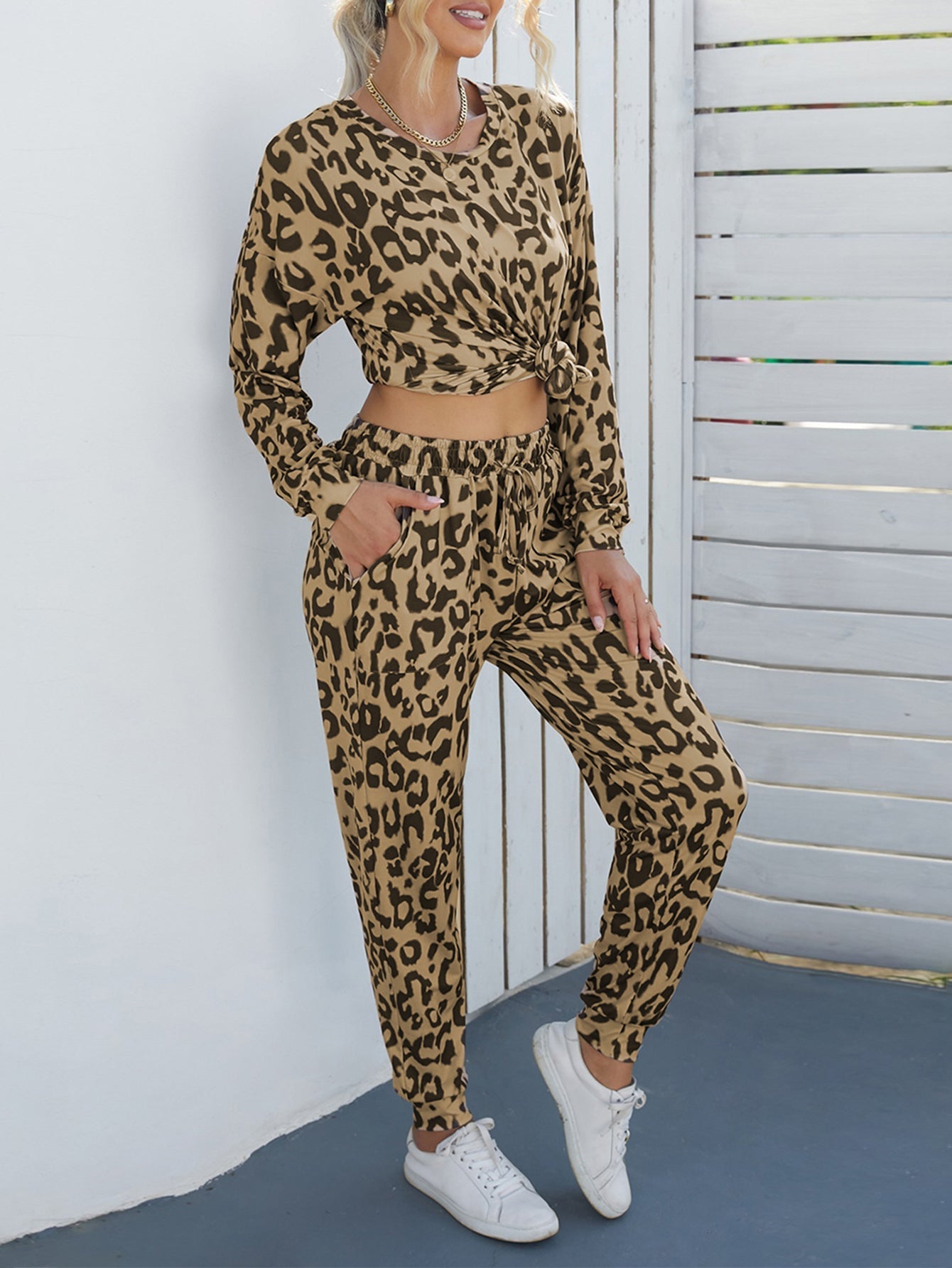 Leopard Print Long Sleeve Top and Drawstring Pants Set Sai Feel