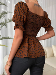 Leopard Print Puff Sleeve Shirred Peplum Top Sai Feel