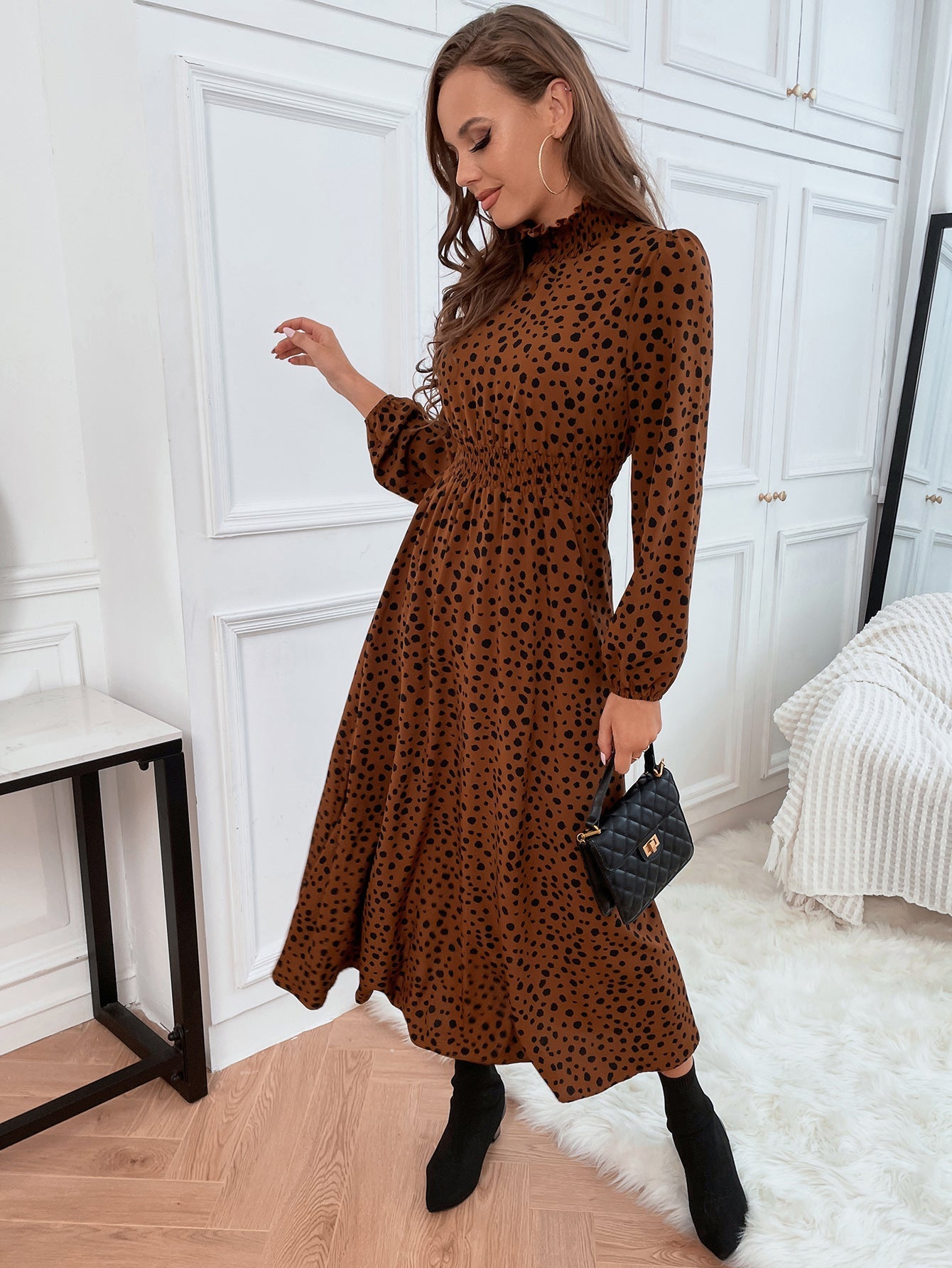 Leopard Print Shirred Dress Without Belt Sai Feel