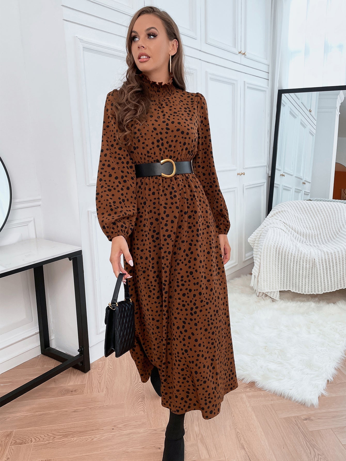 Leopard Print Shirred Dress Without Belt Sai Feel