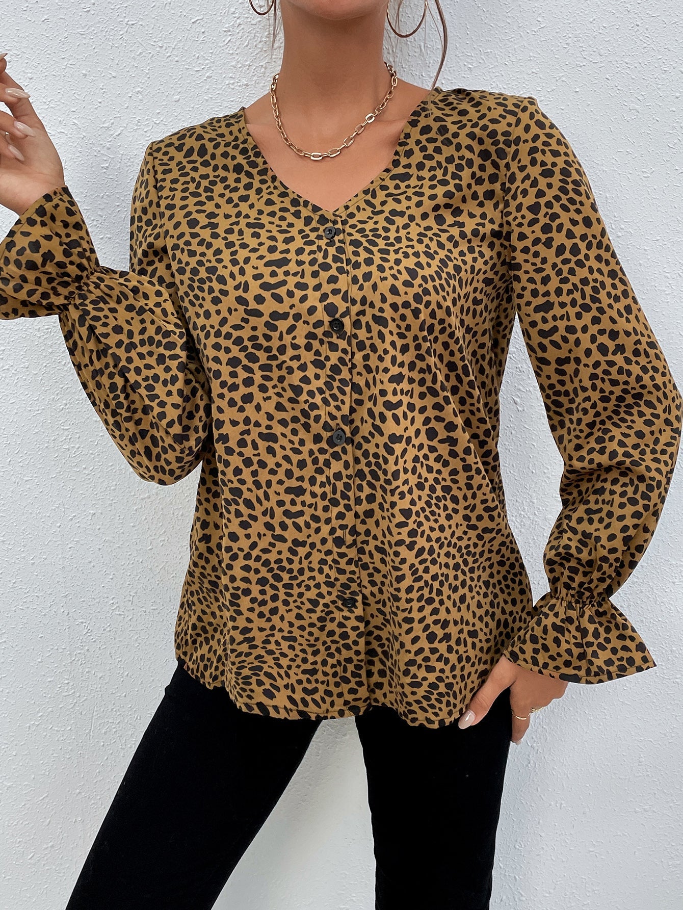 Leopard Print V Neck Blouse Sai Feel