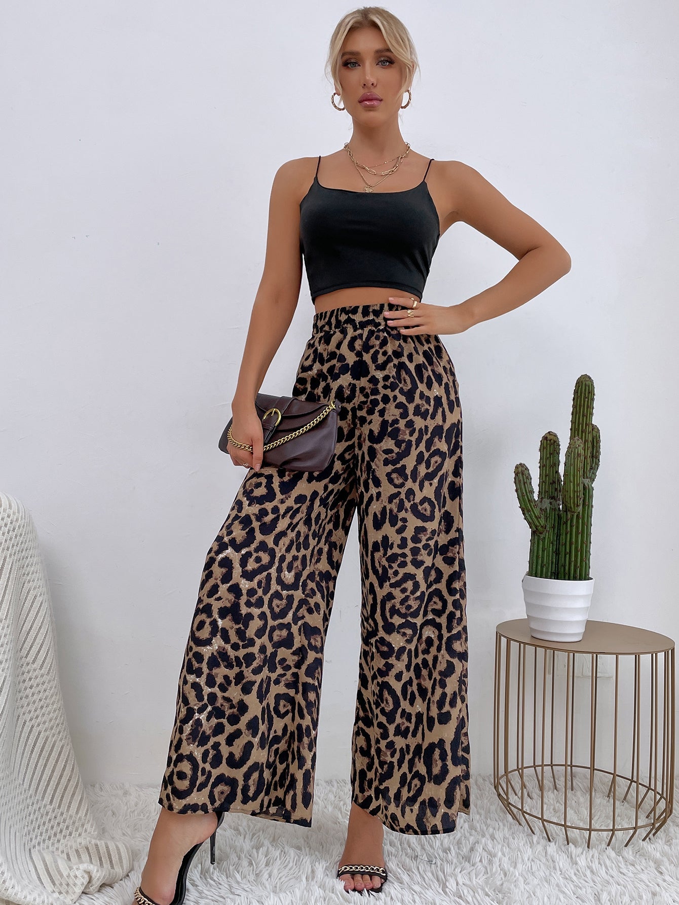 Leopard Print Wide Leg Pants Sai Feel
