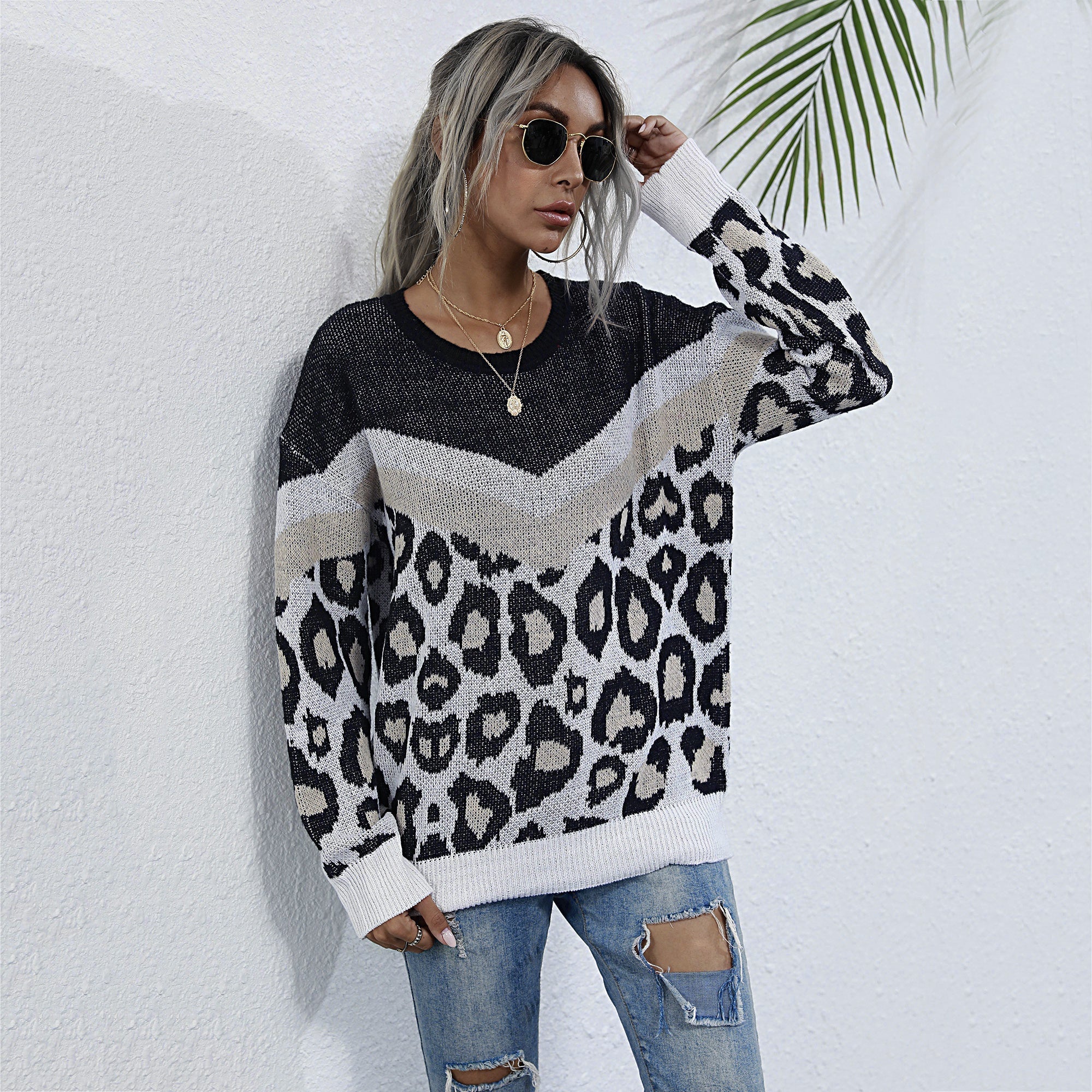 Leopard Printed Long Sleeve Loose Sweater Women O-neck Mid-length Knitted Pullover Sai Feel