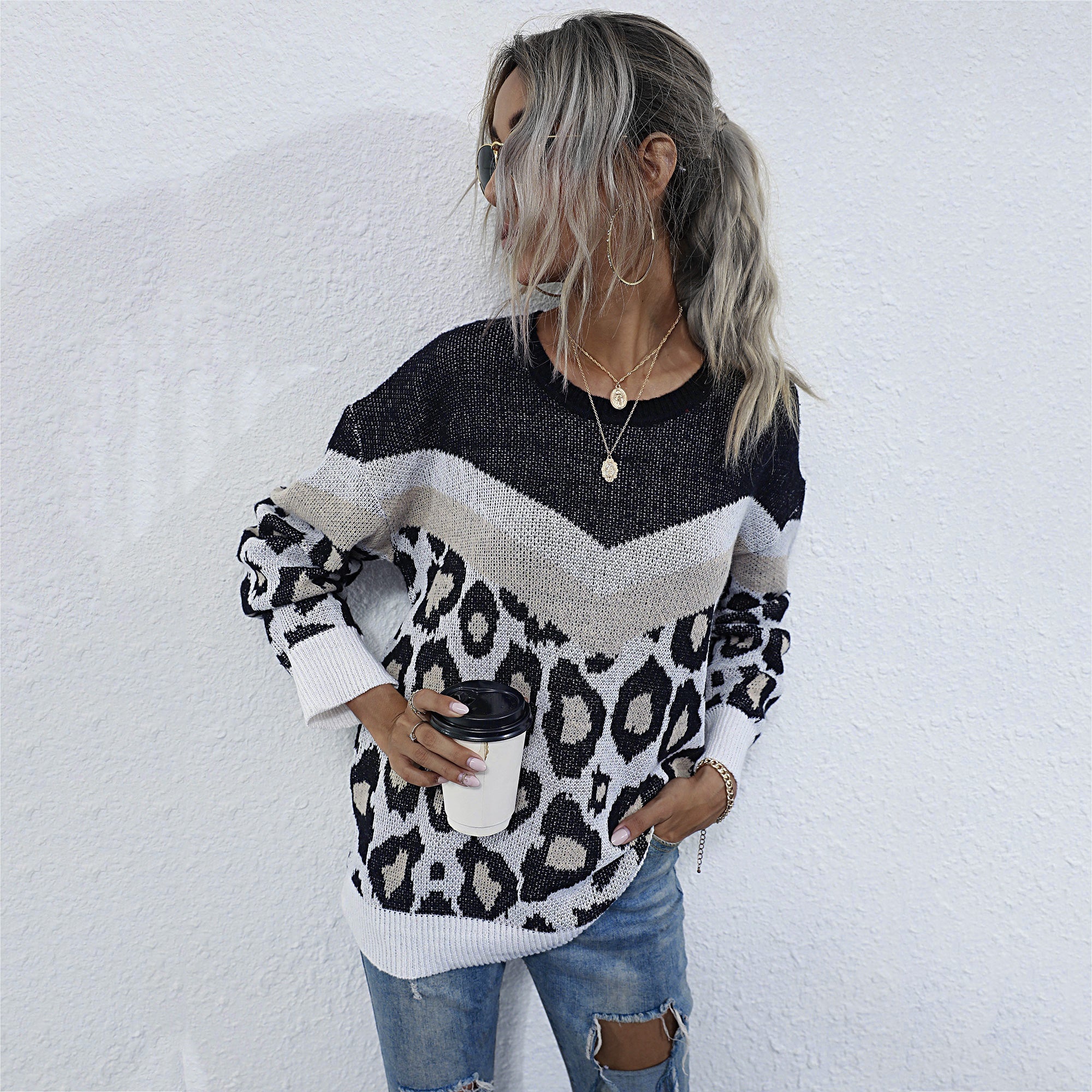 Leopard Printed Long Sleeve Loose Sweater Women O-neck Mid-length Knitted Pullover Sai Feel