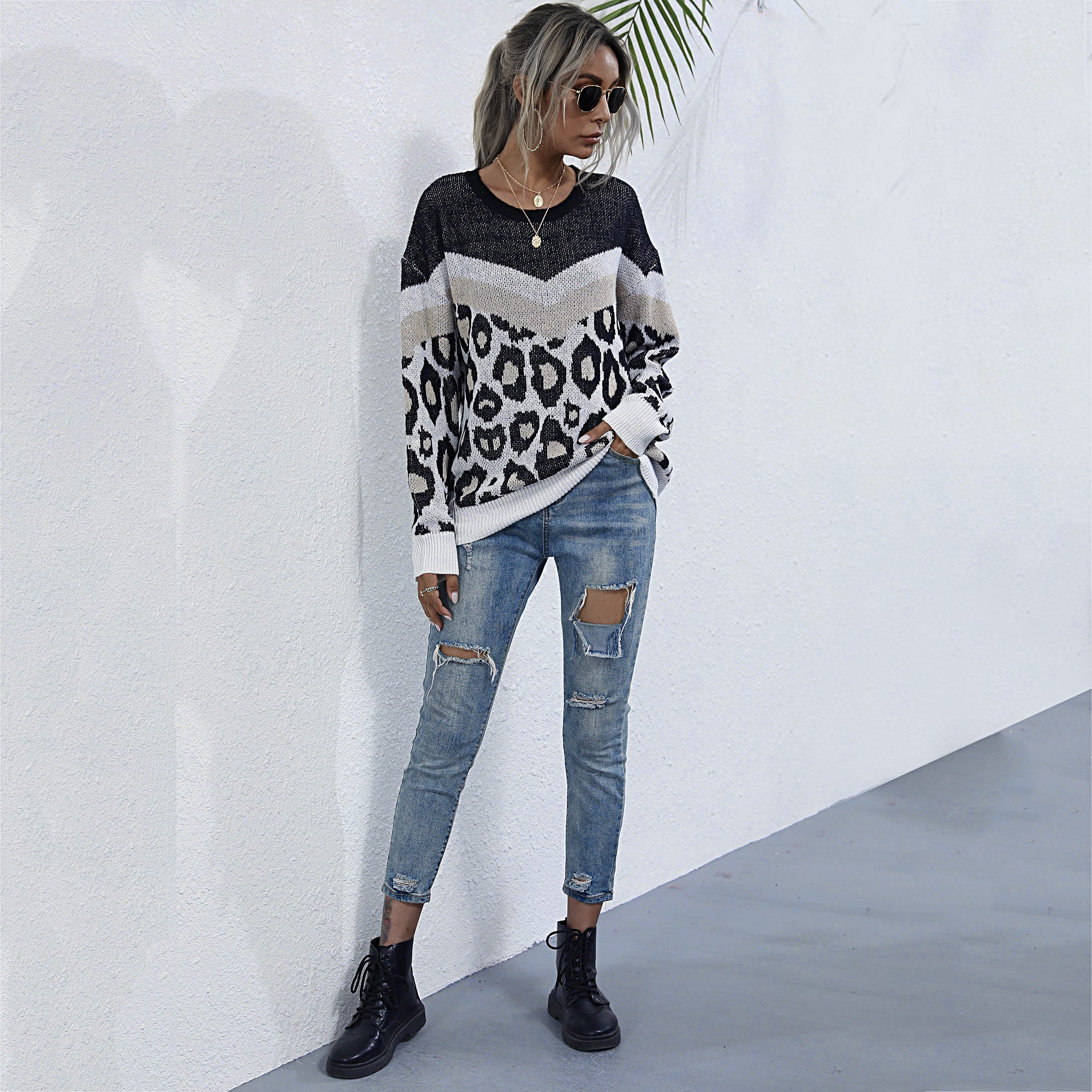 Leopard Printed Long Sleeve Loose Sweater Women O-neck Mid-length Knitted Pullover Sai Feel