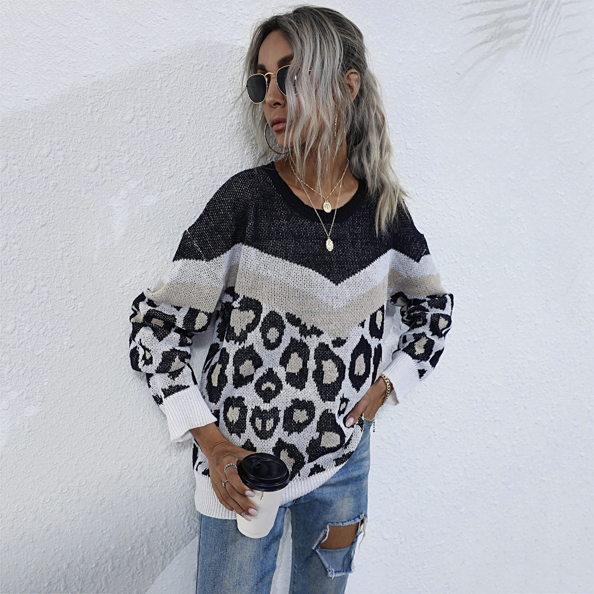 Leopard Printed Long Sleeve Loose Sweater Women O-neck Mid-length Knitted Pullover Sai Feel