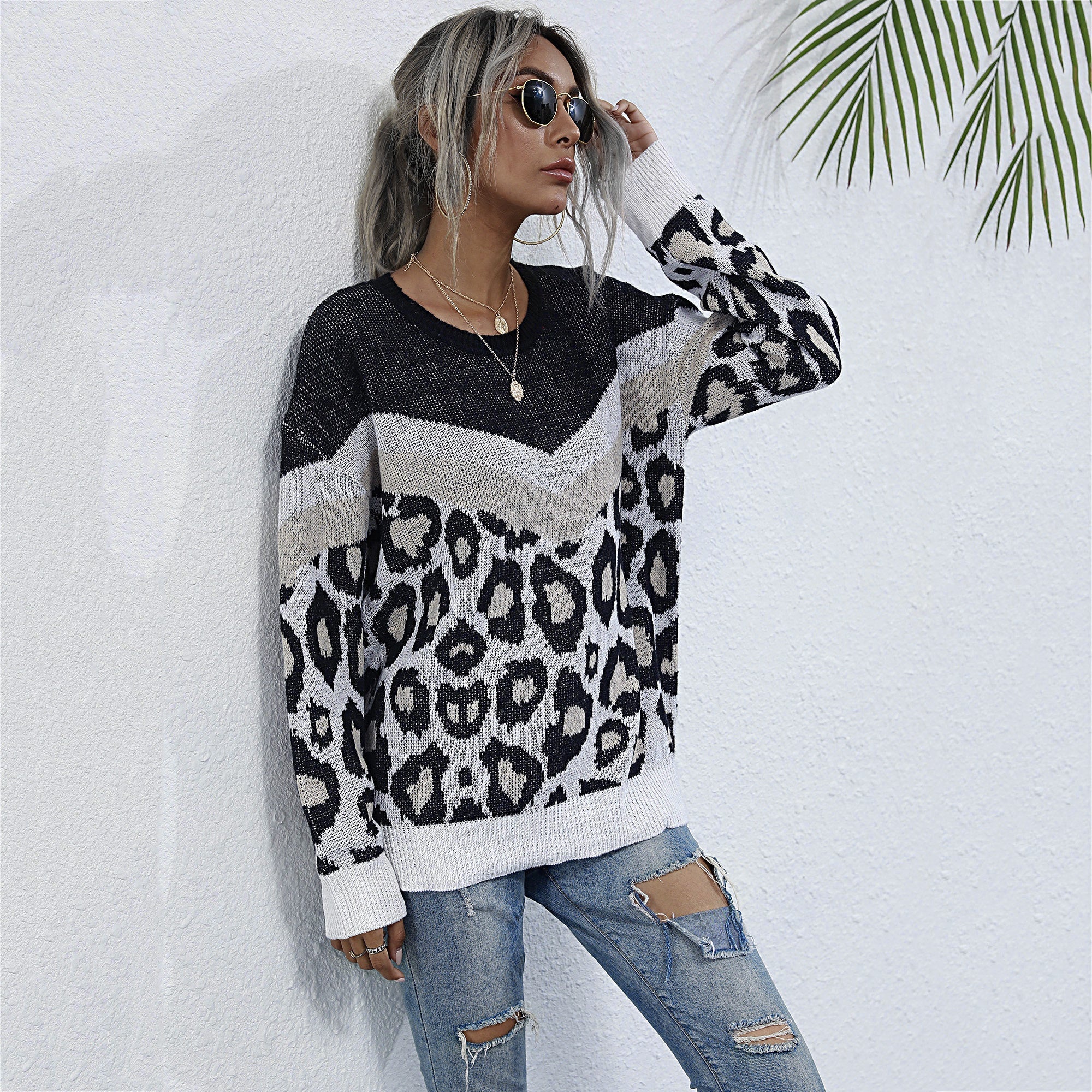 Leopard Printed Long Sleeve Loose Sweater Women O-neck Mid-length Knitted Pullover Sai Feel