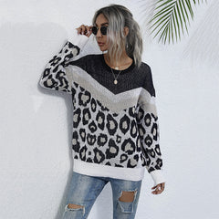 Leopard Printed Long Sleeve Loose Sweater Women O-neck Mid-length Knitted Pullover Sai Feel